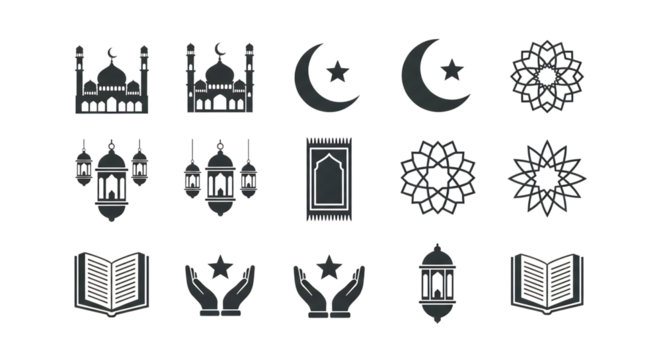 Collection of black and white islamic religious symbols and icons isolated on transparent background