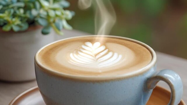 A captivating close-up shot reveals a steaming hot cup of coffee, exquisitely prepared with intricate latte art forming a delicate leaf pattern on its creamy, frothy surface. The beverage is presented