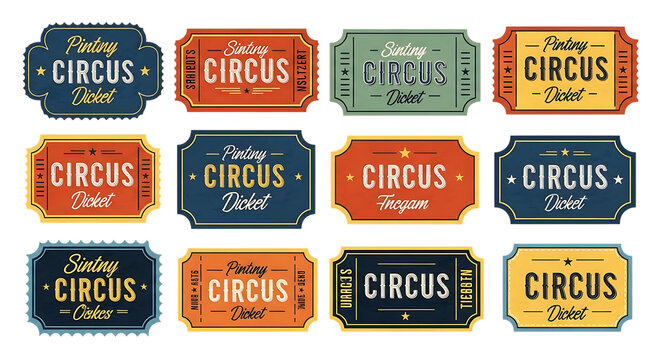 Collection of vintage circus ticket and sticker design set isolated on transparent background