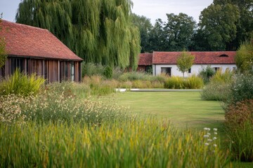 Fototapeta premium Beautiful landscape with modern buildings surrounded by lush greenery and wildflowers in a serene outdoor area during a calm afternoon