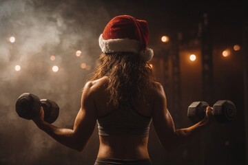 Festive atmosphere featuring athletic woman lifting weights with determination in gym setting