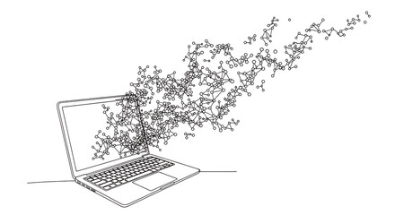 Wireframe laptop emitting complex molecular structure isolated on transparent background