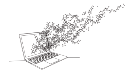 Wireframe laptop emitting complex molecular structure isolated on transparent background