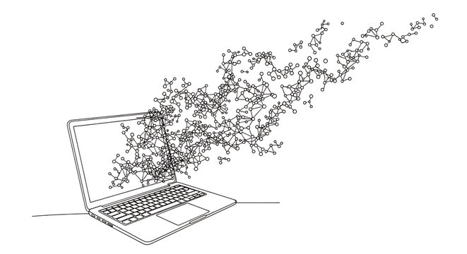 Wireframe laptop emitting complex molecular structure isolated on transparent background