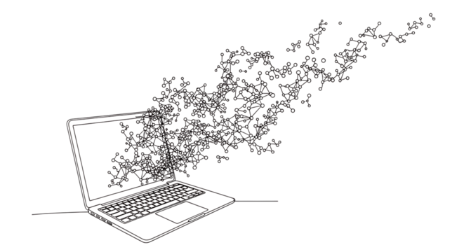 Wireframe laptop emitting complex molecular structure isolated on transparent background