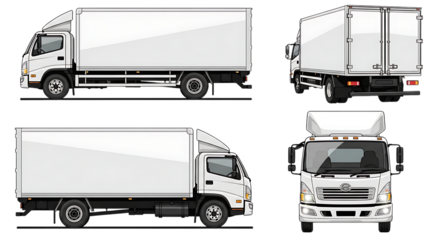 Set of white box truck illustrations isolated on transparent background