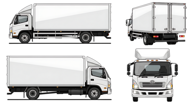 Set of white box truck illustrations isolated on transparent background