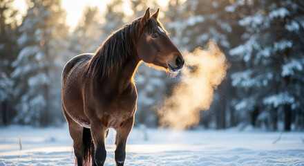 Horse in Winter Morning Sun
A striking, horizontal photograph captures a beautiful brown horse standing in a snow-covered winter forest clearing during a cold, sunny morning
