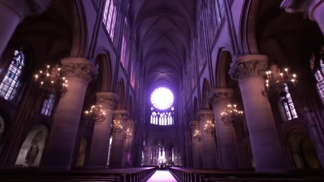 Dramatic interior view of a gothic cathedral with lit arches and stained glass