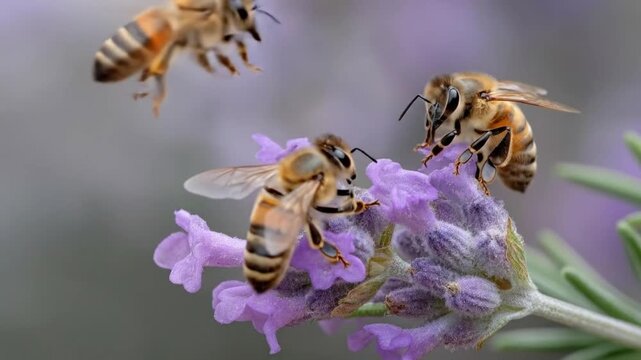 A captivating close-up shot reveals multiple busy honeybees diligently collecting nectar and pollen from vibrant purple blossoms. The intricate details of their fuzzy bodies and delicate wings are cle