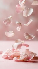 Romantic light pink rose petals gently falling, softly landing on beautiful matching pink surface.