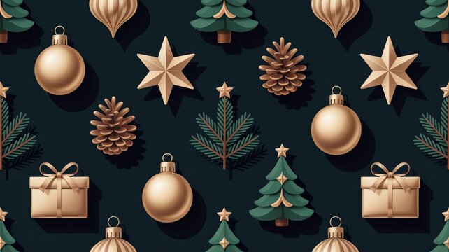 A modern seamless dark-theme Christmas pattern with 3d gold ornaments, stars, cones, and trees for premium seasonal branding and elegant holiday visuals.