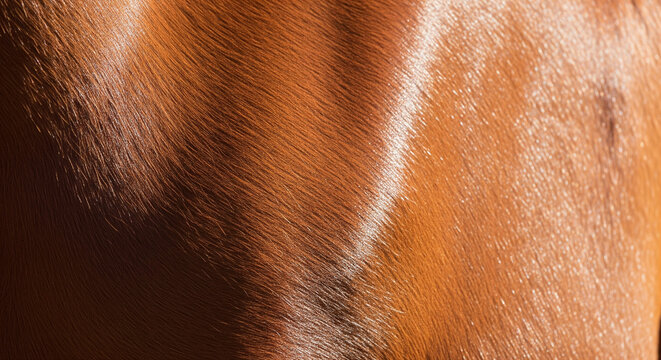 Detailed Texture of Sleek, Shiny Chestnut Horse Hair and Skin
An extreme close-up, abstract photograph focusing solely on the smooth, polished, and healthy coat of a chestnut or sorrel horse - Powered by Adobe