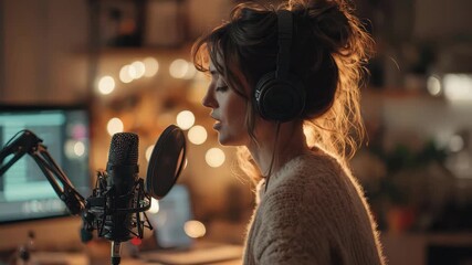 Female podcaster recording an audio podcast at home in a cozy environment with warm lighting and a focused expression