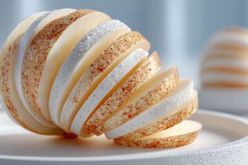 Sliced apple fruit arranged geometrically abstract fruit design white table clean visual aesthetic