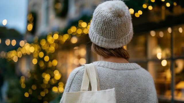Shopper in winter clothes with tote bag, walking past a row of shops with Christmas decorations, perspective from behind emphasizing cozy festive season vibe