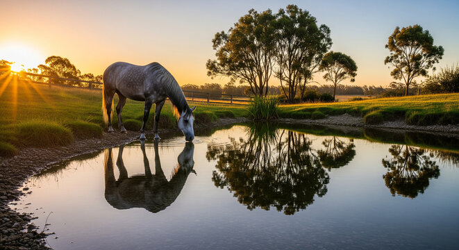 Panoramic view of a gray horse drinking from a pond at golden sunset.
A breathtaking, wide-angle photograph capturing a majestic gray or dapple-gray horse drinking water from the edge of a still pond 