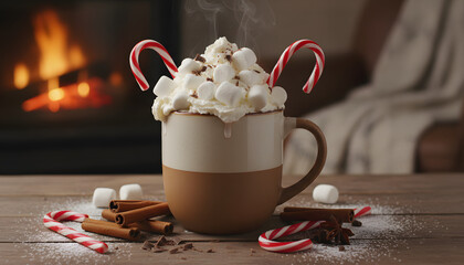 cup of hot chocolate with marshmallows and cinnamon sticks