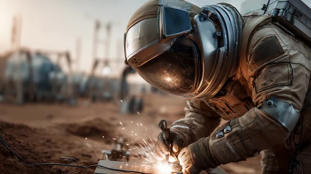 Engineer welding and fixing rover in dusty Martian environment