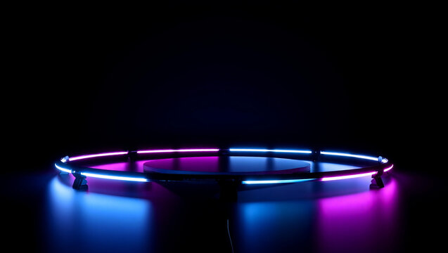 Illuminated Neon Ring Display, Futuristic Design, Dark Background, Photography, Creative Environment, Abstract View, Modern Concept - Powered by Adobe