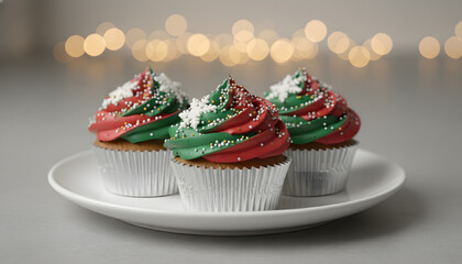 Christmas cupcake with icing and sprinkles on red background