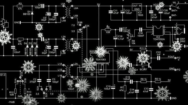 Christmas video animation with schematic diagram of 
electronic device. Drawing electrical circuit with capacitor, resistor, diode, transistor, integrated circuit.
Animated motion winter snow effect.