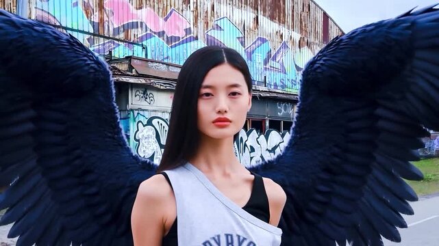 urban angle Archangel woman Icarus opening wing fashion streetwear industrial city street compilation 