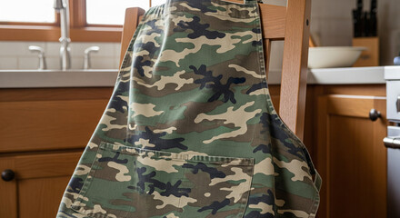 Heavy-duty camouflage apron hanging on a wooden chair in kitchen setting
A slightly cropped, horizontal image featuring a sturdy, textile apron with a classic military camouflage pattern
