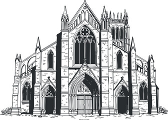 Detailed black and white vector illustration of a gothic cathedral showcasing intricate architectural features and spires for design projects