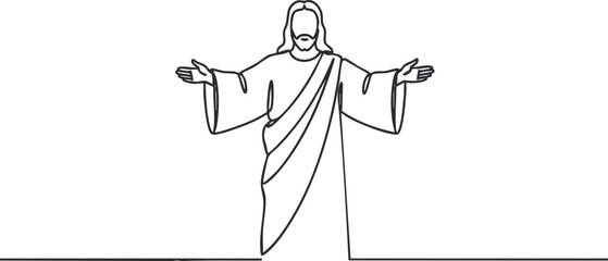 Minimalist line art illustration of Jesus Christ with arms outstretched, ideal for religious themes and spiritual designs