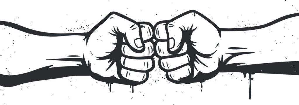 Stylized black and white vector illustration of two fists colliding, symbolizing strength, unity, and determination for design projects.