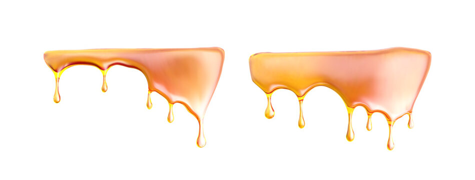 Honey oil caramel melt with gooey background and vector drip syrup. Stream flow for sweet dessert or product. Golden splatter for food or cosmetic design.