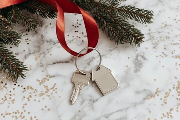 Festive atmosphere featuring house keys with decorative ribbon and pine branches on marble surface