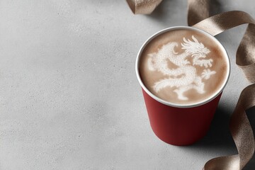 Festive cafe setting featuring red cup of coffee with intricate dragon latte art and elegant ribbon decoration