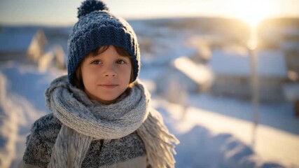 Winter morning walk to school, child in hat and scarf steps through fresh snow, warm sunlight illuminating snow-covered streets and rooftops - Powered by Adobe