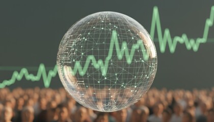 Transparent digital globe bubble above crowd with rising data graph representing global economy technology trends and market growth sentiment