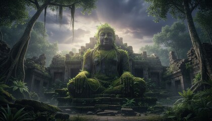 Ancient moss covered Buddha statue at jungle temple ruins evoking spirituality lost civilization mindfulness and exotic southeast asia travel