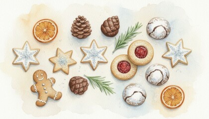 Watercolor illustration of assorted christmas cookies, pinecone and dried orange slice, cozy festive artwork for winter greeting card design