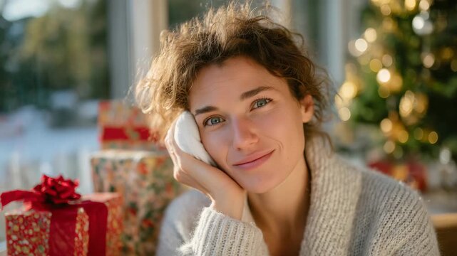 Woman with ice pack, slouched posture, surrounded by Christmas presents and tree, subtle sunlight through window, conveying exhaustion and seasonal pressure