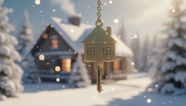 Golden house key shaped like home hanging in snowy landscape with cozy cottage, symbol of winter real estate, new home purchase and holiday move