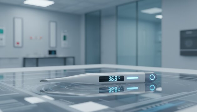 Digital thermometer on futuristic lab table showing normal body temperature, concept for smart health device, telemedicine checkup and clinical technology branding