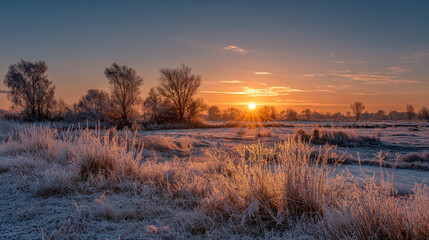 Peaceful sunrise over frost-covered fields still, glowing, silent.