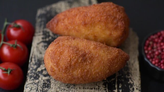 Chicken Kyiv cutlet with buttery filling, a lunch of chicken breast meat. Chicken Kyiv cutlet as a food background for your design