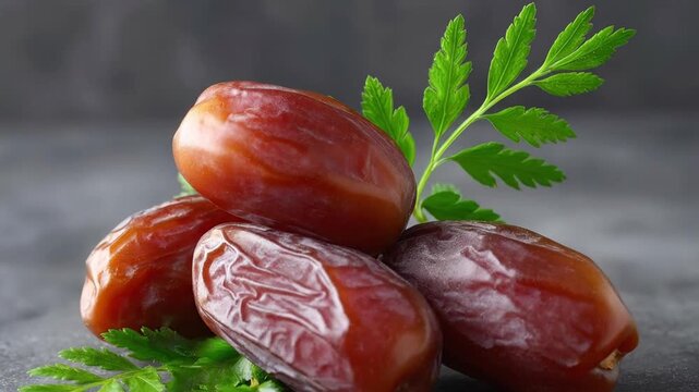 A captivating close-up showcases a rich cluster of several plump, ripe dates, their naturally wrinkled, reddish-brown skin beautifully highlighted against a sophisticated dark, textured background. Ea