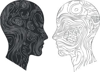 Abstract vector illustration of two human profiles with swirling patterns representing thoughts and emotions in a modern style