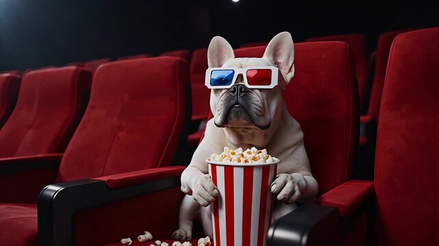 Bulldog with popcorn and glasses, Canine seated in theater with snacks