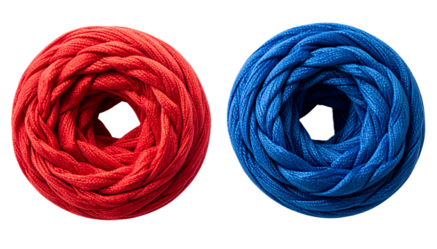 Abstract Blue and Red Woven Fabric Swirl for Dynamic Backgrounds, Isolated on White Background - Cut Out.