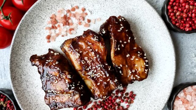 Grilled or bbq pork ribs with sauce, a food prepared for dinner. Grilled ribs as a food background for your design