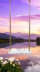 Dreamy Marble Swing Podium Mockup Reflected in Still Lake Water at Vibrant Pink and Purple Sunset.