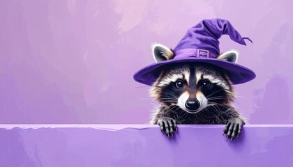 Whimsical Raccoon in Deep Purple Witch Hat Looking Over a Lavender Border: Digital Oil Painting for Halloween Design.